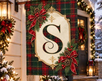 Personalized Monogram Initial Christmas Wreath Garden Flag: Tartan Plaid Holiday House Flag Outdoor Decor