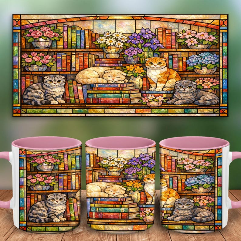 Puede incluir: Tres tazas de cer&aacute;mica con interior y asa rosas, con un dise&ntilde;o de vidriera de una estanter&iacute;a con gatos y flores. El fondo es una vidriera con un dise&ntilde;o similar. Las tazas est&aacute;n sobre una superficie de madera.