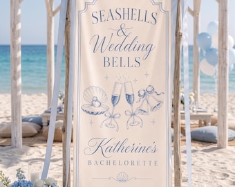 Personalized Seashells And Wedding Bells Bachelorette Sign, Beach Bachelorette Welcome Banner, Custom Name Wedding Fabric Sign,Bridal Shower