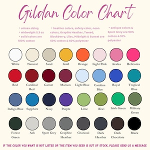 May include: A color chart from Gildan, featuring a variety of colors for apparel. The chart includes solid colors, heather colors, and antique colors. Each color is represented by a circle with its name underneath. The text at the top reads "Gildan Color Chart".