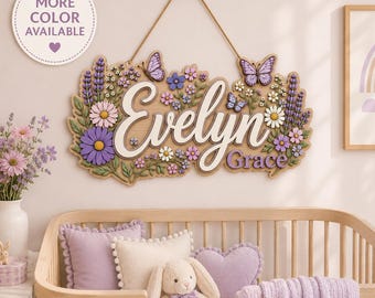 Personalized Wildflower Butterfly Name Sign, 3D Wood Nursery Decor, Boho Baby Girl Wall Art