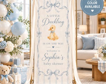 A Little Duckling Baby Shower Welcome Sign, Duck Baby Shower Banner, Blue Vintage Stripe Baby Shower Decor, Personalized Welcome Poster
