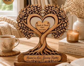 Personalized Couple Myrtle Heart Tree Wooden Block, Custom Anniversary Keepsake, Couple Wood Decor