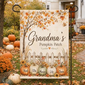 May include: A rectangular garden flag featuring a watercolor illustration of a tree with orange and yellow autumn leaves, a white picket fence, and five pumpkins. The text reads Grandma's Pumpkin Patch with the names Noah, Ella, Mason, Lily, and Owen.