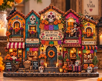 Day of the Dead Village Wooden Block, Dia de los Muertos Shelf Sitter, Sugar Skull Town Sign, Ofrenda Table Decor, Mexican Holiday Gift