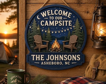 Welcome To Our Campsite Sign, Personalized Family Name Wooden Door Hanger, Camper Decor, Camping Gift