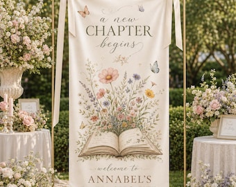 Storybook Baby Shower Welcome Banner, Floral Book Banner, Garden Baby Shower Welcome Sign