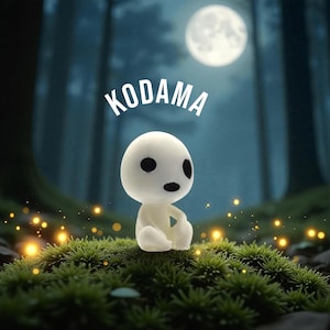 May include: A white Kodama figure with black eyes and mouth sits on a bed of green moss. The word "KODAMA" is written above the figure in white. The background features a forest scene with a full moon and glowing lights.