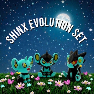 May include: A 3D-printed Shinx Evolution Set featuring three figures in a grassy field with flowers, under a starry night sky. The figures are teal and black, with the text "SHINX EVOLUTION SET" above them.