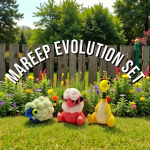 May include: A set of three colorful Mareep Evolution figures, including a light green sheep, a pink and white sheep, and a yellow and black creature. The text "MAREEP EVOLUTION SET" arches across the top of the image.