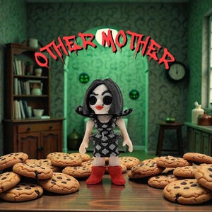 May include: A doll figure of a character from the movie "Coraline" stands on a wooden surface surrounded by chocolate chip cookies. The doll wears a black and white dress and red boots. The text "OTHER MOTHER" is above the doll.