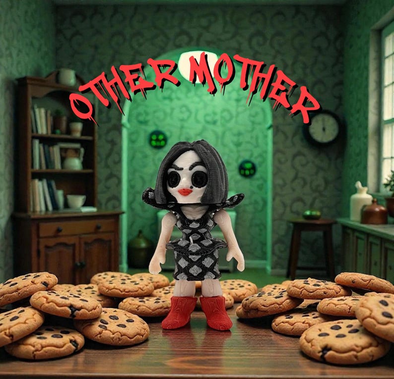 May include: A doll figure of a character from the movie "Coraline" stands on a wooden surface surrounded by chocolate chip cookies. The doll wears a black and white dress and red boots. The text "OTHER MOTHER" is above the doll.