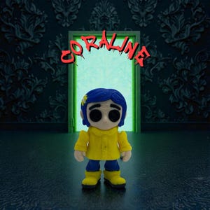 May include: A figurine of a character from the movie "Coraline" stands in front of a green doorway. The figurine has blue hair, a yellow coat, blue pants, and yellow boots. The word "CORALINE" is written above the doorway in red.