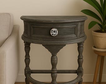 Half-moon side table in gray patinated wood with drawer