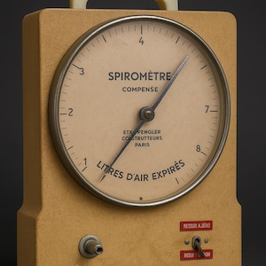 May include: A vintage spirometer in a beige case, featuring a circular gauge measuring in litres. The gauge reads "SPIROMÈTRE COMPENSÉ" and has a handle. Additional French text is visible on the device.
