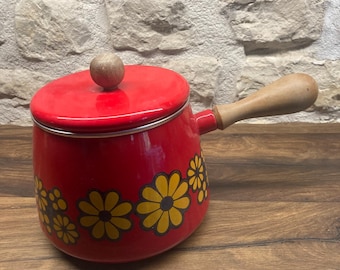 ヴィンテージのエナメル加工を施した金属製の鍋 – オレンジ色の花柄と
