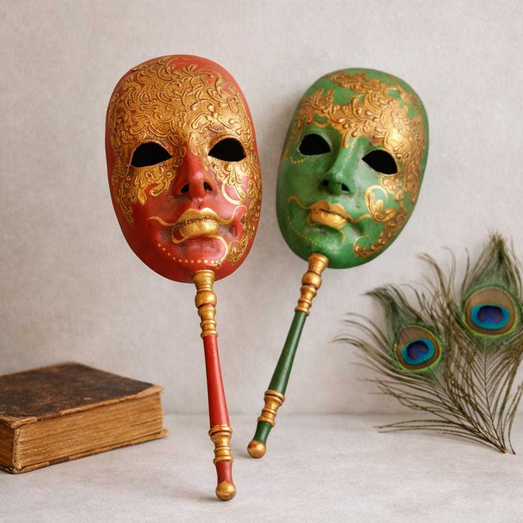 Pair of Venetian Masks on a Red and Gold-green Stem – Vintage ...