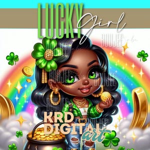 Lucky Chibi Girl Clipart, St Patricks Day PNG, PNG ClipArt, SVG, fille noire png porte-bonheur, femme noire, femme porte-bonheur png, porte-bonheur png