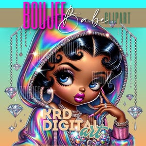 Boujee Girl Clipart, Betty Boop, Chica negra PNG, PNG ClipArt, SVG, Diseño de sublimación, Descarga digital, Dibujos animados png, Pegatinas para planificador