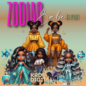 Zodiac Chibi Afro Girl Clipart, Garota afro-americana fofa, Sublimação de garotas negras PNG, Signos do horóscopo PNG, Pacote de clipart astrológico, SNG