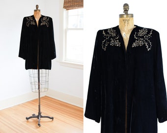 Vintage 1940s Velvet Evening Jacket - Jet Black w Pale Golden Sequin + Rhinestone Shoulders Fits XS to M