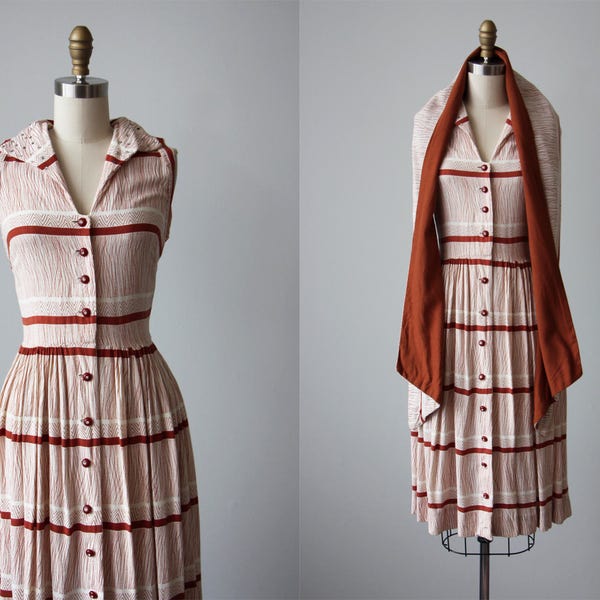 1940s Dress - Vintage 40s Dress - Tawny Print Linen and Rhinestones Swing Sundress and Wrap S M - Grasses and Pyramids Dress