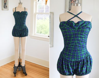 Vintage 1950s Swimsuit - Sassy Bubble Booty Blue Green Tartan Plaid Cotton w Petal Bust + 4-Way Straps Bathing Suit Size XS to S