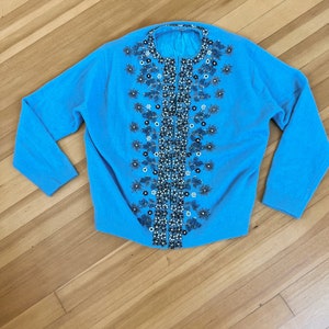 Vintage Turquoise Heavily Beaded Cashmere Sweater Exceptional Spider Mums or Snowflakes Rhinestones image 3