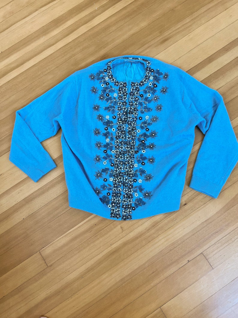 Vintage Turquoise Heavily Beaded Cashmere Sweater Exceptional Spider Mums or Snowflakes Rhinestones image 3