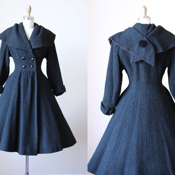 1950s Coat - Vintage 50s Princess Coat - Black Boucle Wool New Look Full Skirt Coat S M - Beyond the Pale Coat