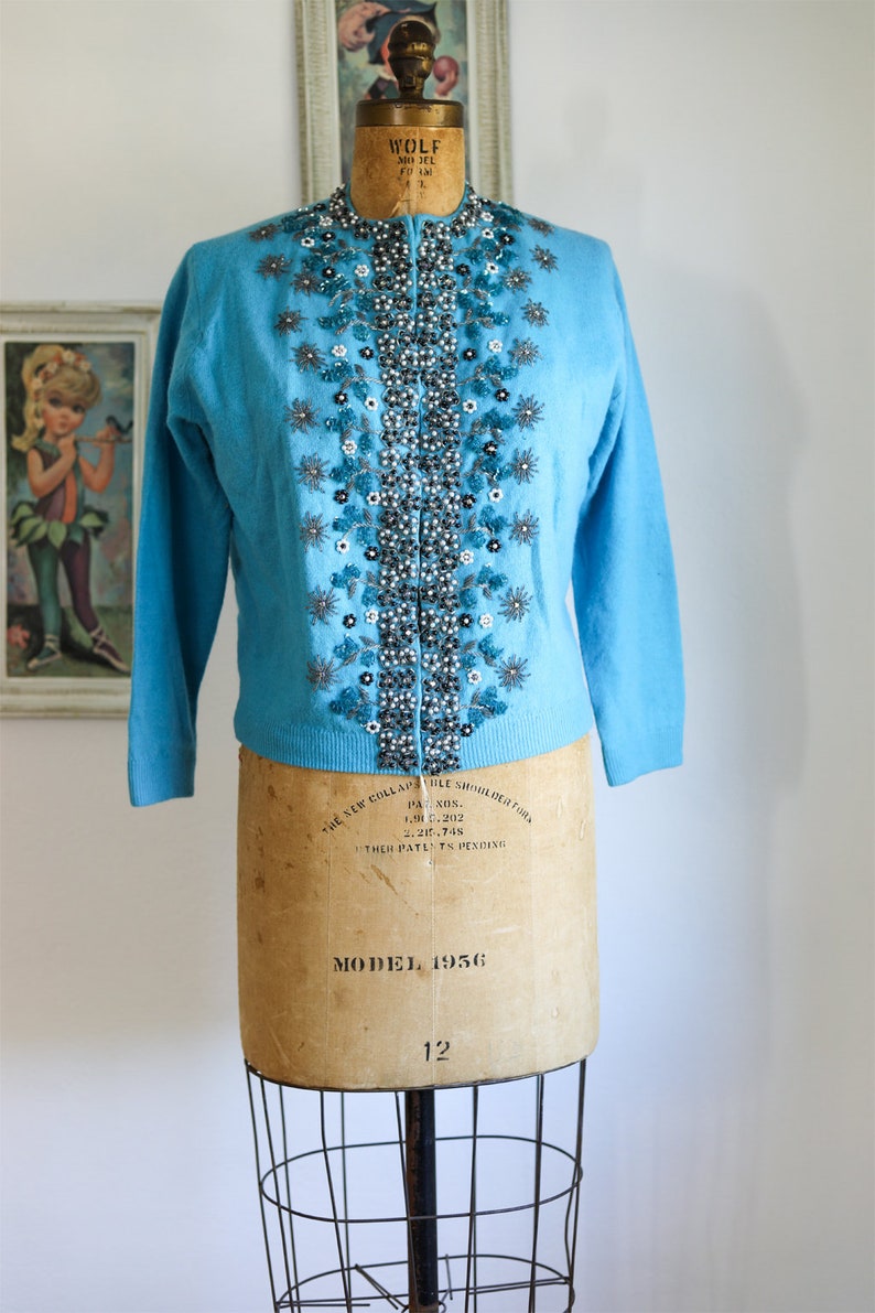 Vintage Turquoise Heavily Beaded Cashmere Sweater Exceptional Spider Mums or Snowflakes Rhinestones image 2