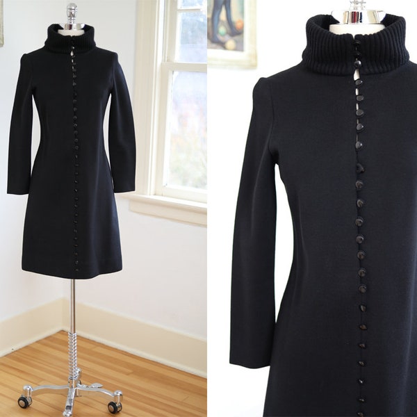 Vintage 1960s Knit Dress - High End Black Wool Jersey Knitwear Designer Don Simonelli Coat Dress XS to S