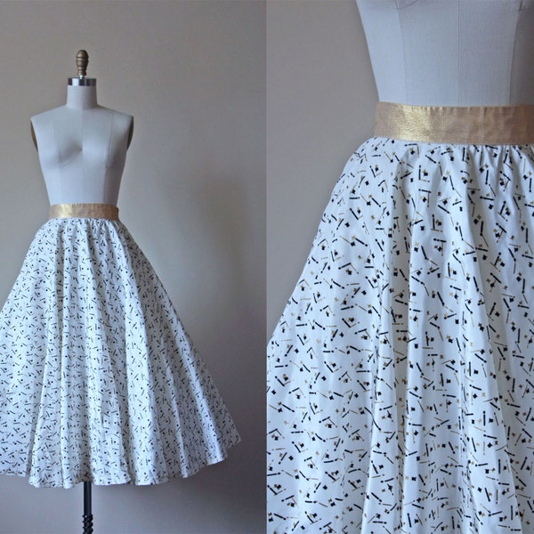 50s Skirt - Vintage 1950s Skirt - Novelty Print Flocked Taffeta Gold Lame Top Hats Canes Circle Skirt S - Abracadabra Skirt