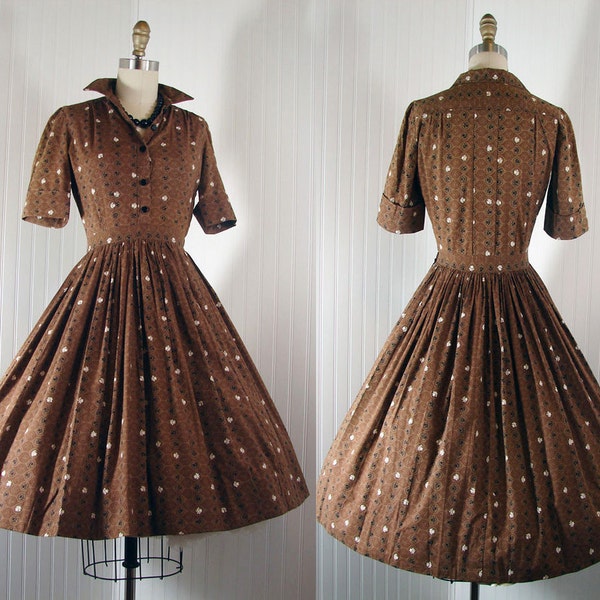 1950s Dress Vintage 50s HOT COCOA Vintage Atomic Print Brown Cotton Party Shirtwaister s xs