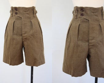 1950s Shorts - 50s New Zealand Army Olive Green Wool Side Button High Waist Shorts for Adventures - Range of Sizes!