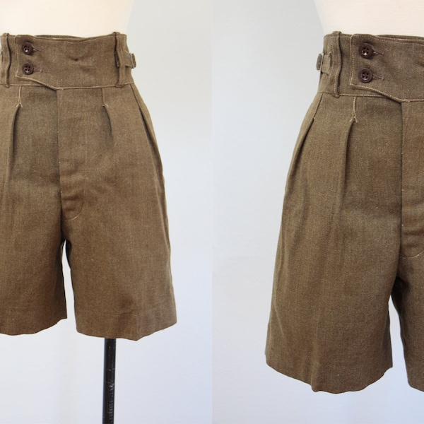 1950s Shorts - 50s New Zealand Army Olive Green Wool Side Button High Waist Shorts for Adventures - Range of Sizes!