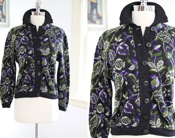 Vintage 1950s to 1960s Catalina Sweater - Lush Jacquard Dark Floral Green Violet Cardigan Size M to L