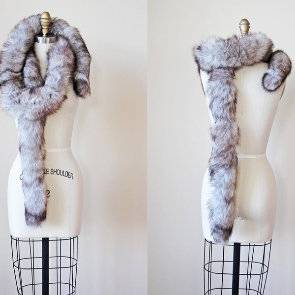 1940s Fox Stole - Vintage Fur Wrap - Silver Smoke Long Fox Tail Fur - Hollywood Heights Boa