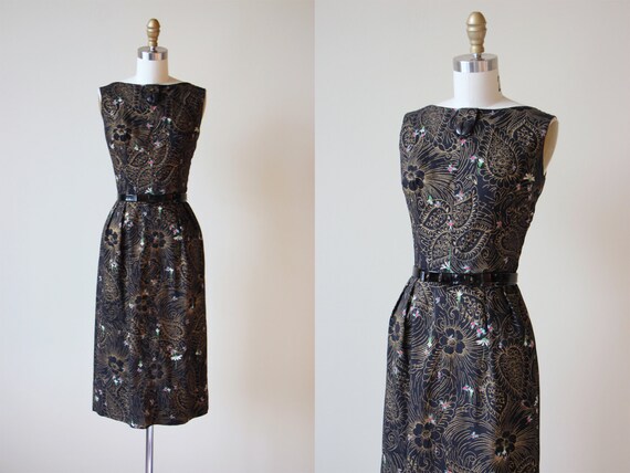 1950s Dress Vintage 50s Dress Black Metallic Gold Screen | Etsy
