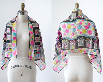 1940s Rare Chiffon Scarf - 40s HUGE Colorful Novelty Print Victorian Date Night Sheer Sequined Scarf Wrap