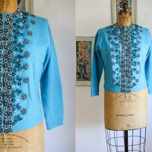 Vintage Turquoise Heavily Beaded Cashmere Sweater Exceptional Spider Mums or Snowflakes Rhinestones image 1