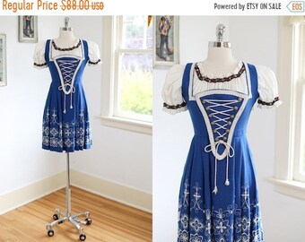 ON SALE Vintage 1960s Dirndl Dress - Darling Royal Blue Cotton Austrian Corset Lace Up Jumper Sundress Size XS to S