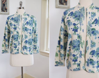 Vintage 1950s Sweater - Blue Green Floral Print Wool Cardigan Jacket Size M to XL