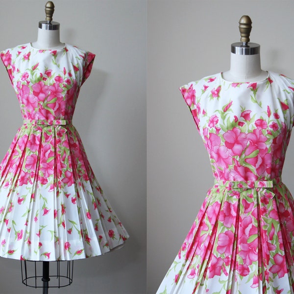 50s Dress - Vintage 1950s Dress - Candy Pink Floral Border Print Full Skirt Sundress w Bow Belt S M - Flower Drift Dress