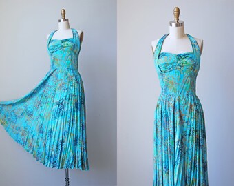 80s Dress - Vintage 1980s does 1930s Dress - Turquoise Gold Rayon Indonesian Batik Maxi Dress w Shelf Bust Halter Neck Size S to M