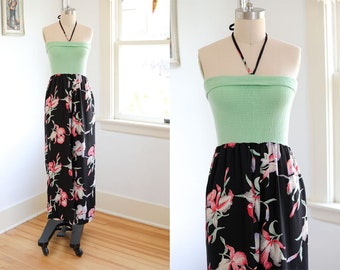 Vintage 1970s does 1940s Jumpsuit - Halter Tube Top Wide Leg Mint + Black Tropical Floral Romper Size XS to M