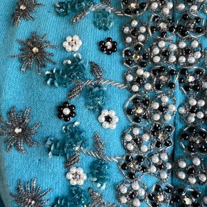 Vintage Turquoise Heavily Beaded Cashmere Sweater Exceptional Spider Mums or Snowflakes Rhinestones image 6