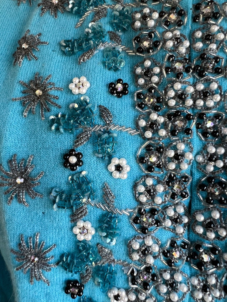 Vintage Turquoise Heavily Beaded Cashmere Sweater Exceptional Spider Mums or Snowflakes Rhinestones image 6