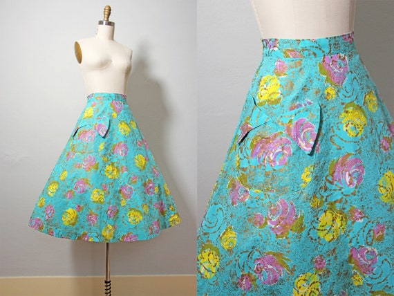 50s Skirt Vintage 1950s Skirt Bold Metallic Gold Rose | Etsy