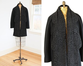 Vintage 1940s to 1950s Winter Car Coat - Black Cozy Wool w Dramatic Panels of Curly Persian Lamb Fur + Clean Lines Fits Range